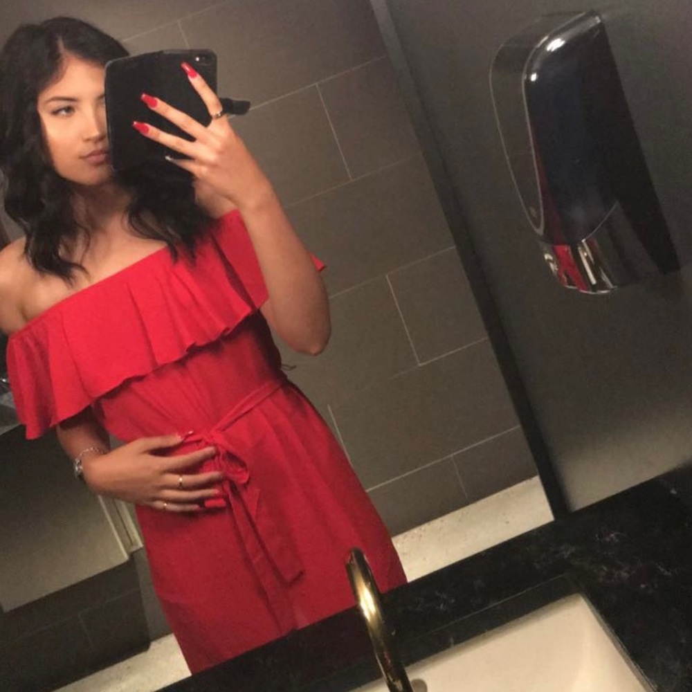 Red Ruffle Off-the-Shoulder Mini Dress - Picture 2 of 2